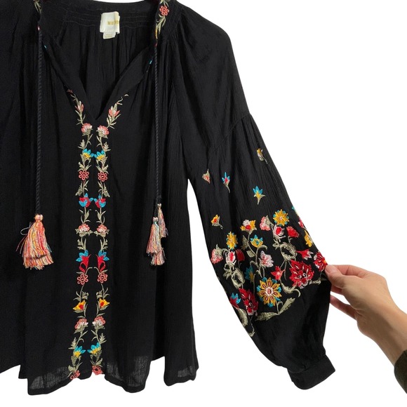 Anthropologie Maeve Lanie Boho Embroidered Peasant Top Small Black Tassel - Picture 7 of 12